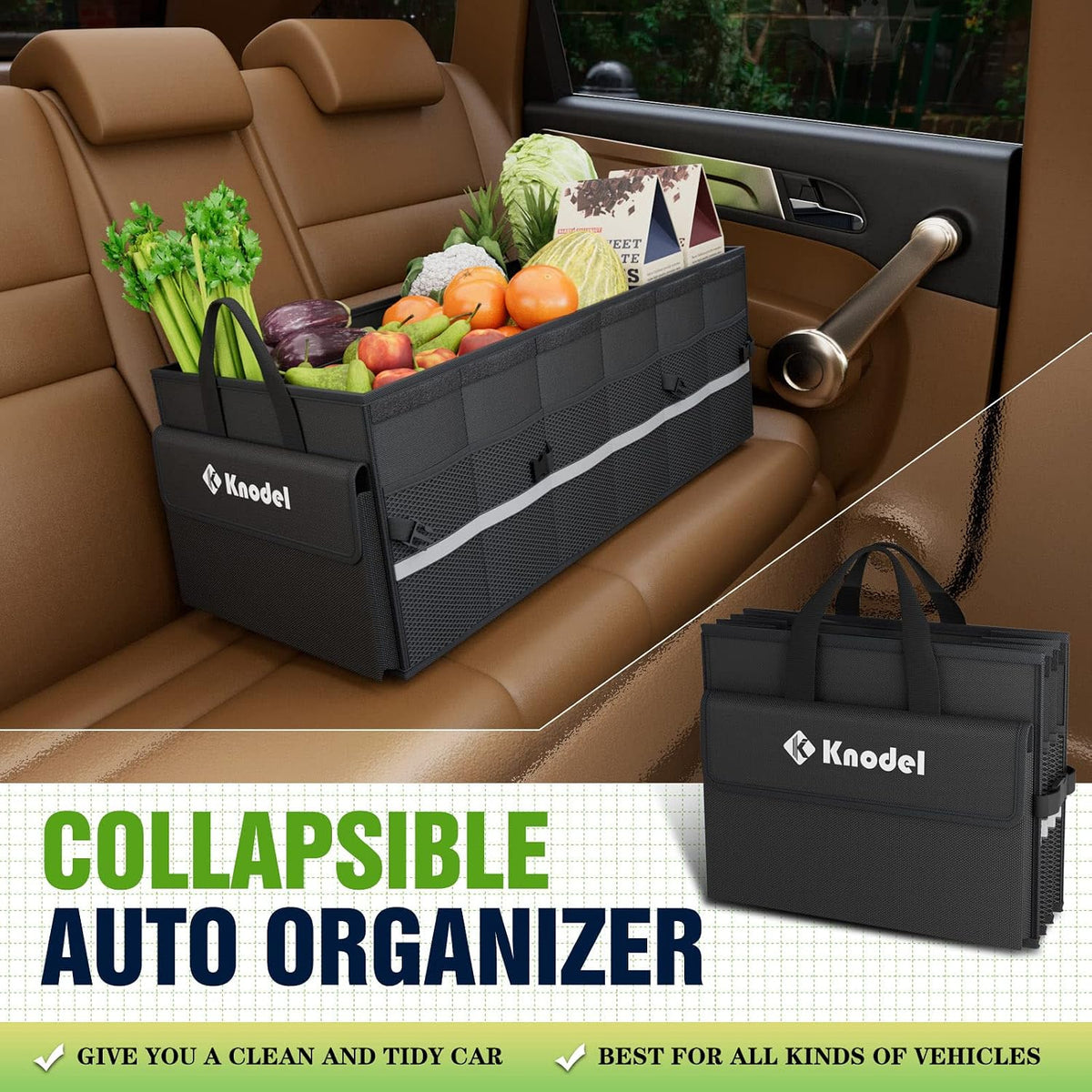 K KNODEL Trunk Organizer with Lid for Car, SUV, and Truck (Large, Black)