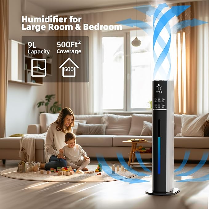 9L/2.5Gal Humidifier, Top Fill Quiet Cool Mist Humidifiers for Bedroom, Covers 550ft²,100H Runtime, 3 Mist Modes Humidifier Large Room, Home, Office, Plants with essential oil diffuser