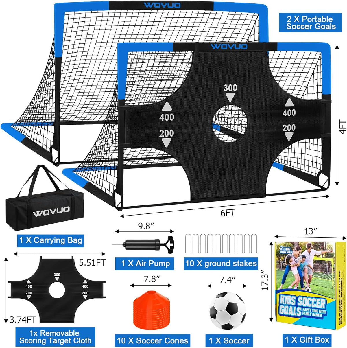 Skiennix Kids Soccer Goals - Portable 6x4 Ft Training Equipment Set of 2 with Target, Ball & Cones | Ideal for Ages 3-14