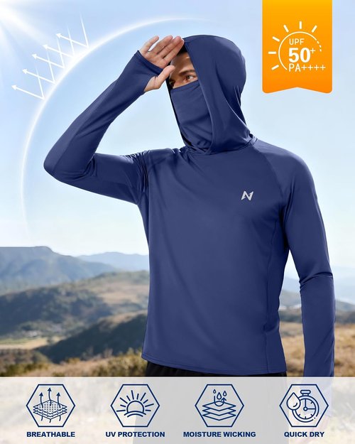 Isnowood Men's UPF 50+ Fishing Sun Hoodie - UV Protection Long Sleeve Shirt with Mask for Outdoor Activities