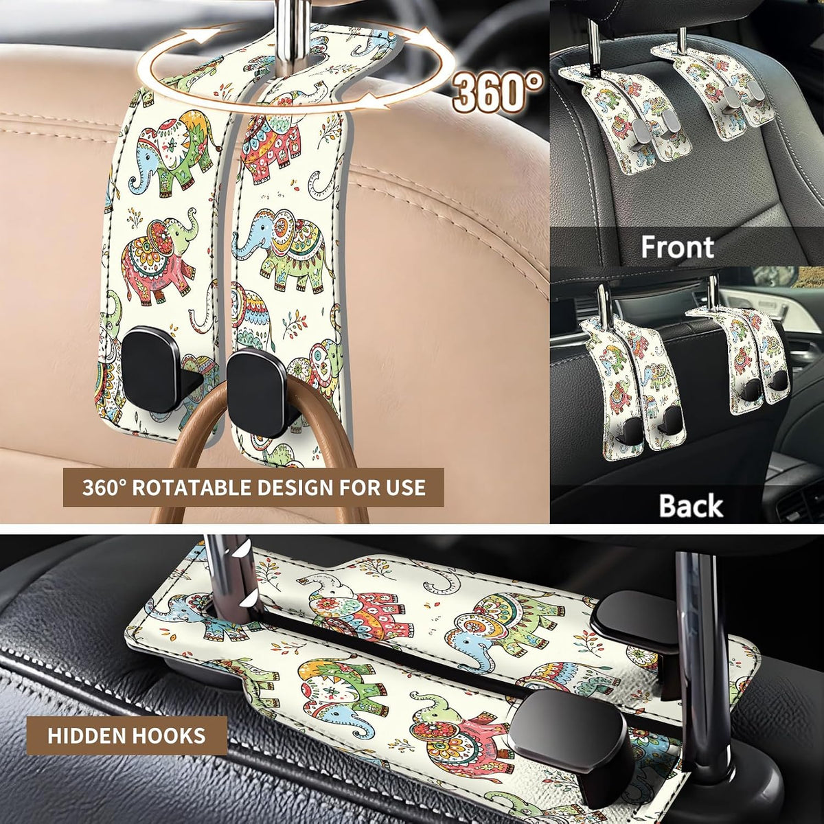 Leather Purse Hook for Car, Universal Cute Car Seat Headrest Hooks, Heavy Duty Vehicle Organizer for Handbags, Funny Car Interior Accessories Boho Cute Elephants