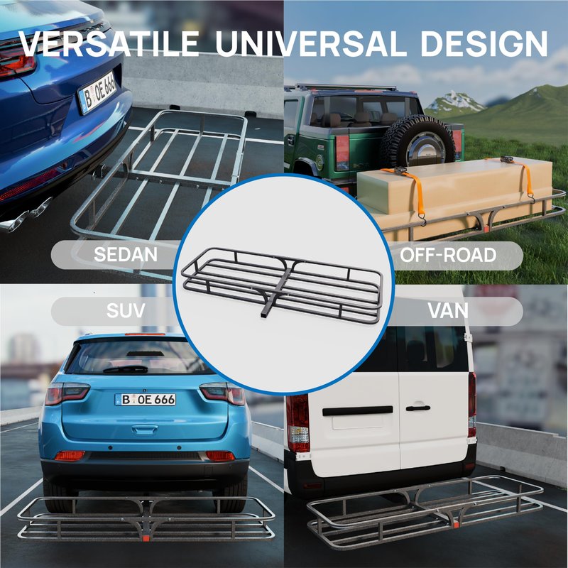 TUFFIOM 54"x19"x5.5" Hitch Mount Cargo Carrier Basket, 500lbs Steel Car Cargo Trailer Hitch Luggage Rack with Straps & Stabilizer for SUV Car Truck Van with 2" Hitch Receiver
