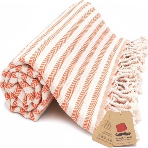 Bazaar Anatolia Turkish Beach Towel - 100% Cotton, Quick-Dry & Sand-Free | Oversized 71x39 Inches - Arpa Orange