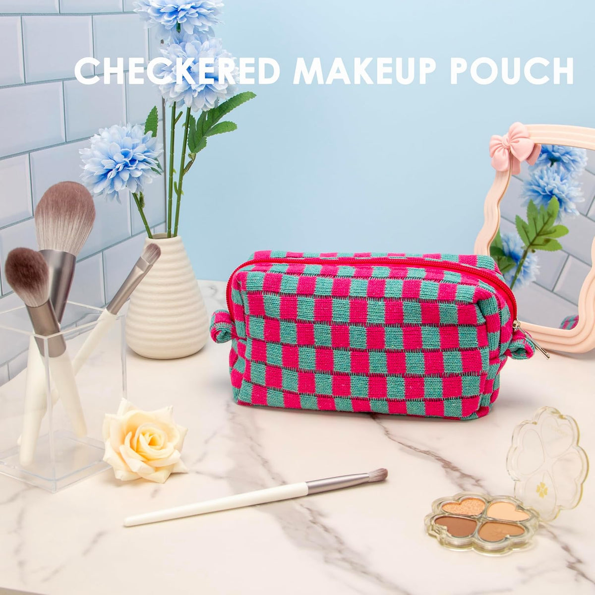 Checkered Makeup Bag for Purse, Small Cosmetic Pouch,Magenta Green,6 Pack