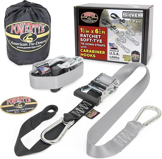 PowerTye 1.5 inch x 6.5ft Heavy Duty Ratchet Tie Down Straps with Carabiner Hooks, Soft-Tye & Storage Bag, for Motorcycle, ATV, Trailer & Cargo - 1,000 lb WLL - Made in USA - Silver/Black Pair