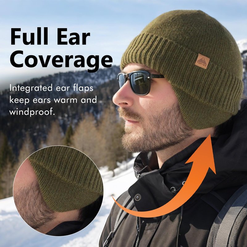 TOP-EX XL/XXL Merino Wool Waterproof Beanie for Men Women with Ear Flap Winter Fleece Lined Beanie Outdoor Skiing Hat Black M/L
