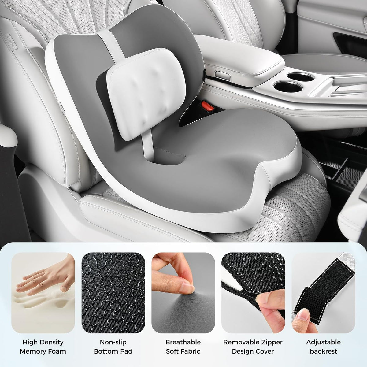 FLORICH 2 in1 Truck Seat Cushion and Lumbar Support Pillow Memory Foam Car Seat Cushion with Adjustable Strap for Truck Driver Long Drives, Fits Semi Truck Seat,Car,Office&Gaming Chair(Grey)