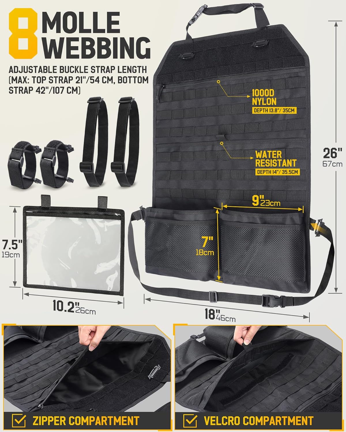 WYNEX Car Seat Organizer - Molle Backseat Cover with Visual Pockets & Sling Rack | Universal Fit for Trucks & SUVs