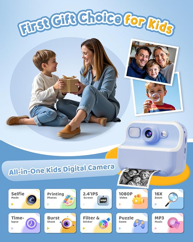 Instant Camera, Front Rear Dual Selfie Kids Camera