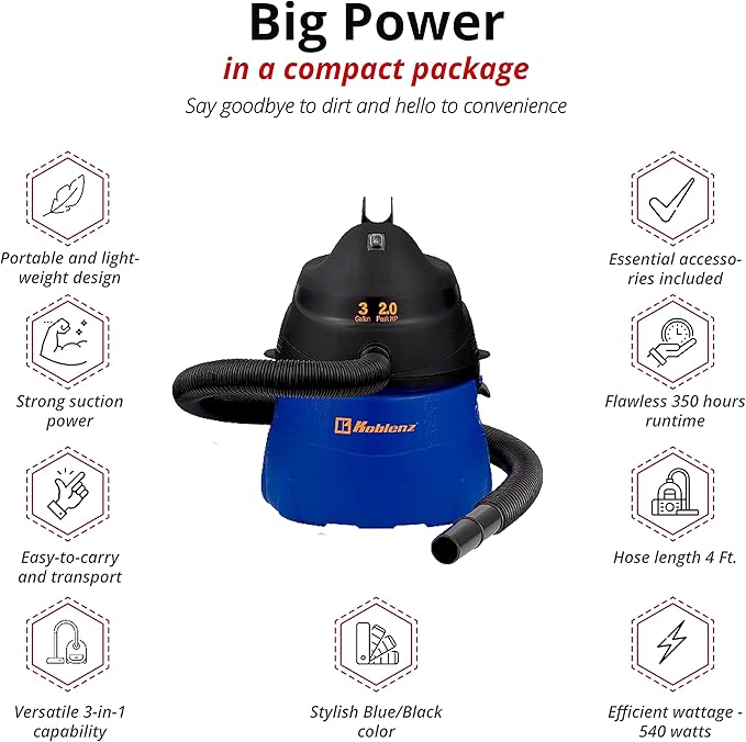 Koblenz WD-353L Portable Wet-Dry Vacuum Cleaner, 3 Gallon Tank, 2.0 HP Vacuum Cleaner with Several Accessories, 5 Year Warranty, Blue/Black