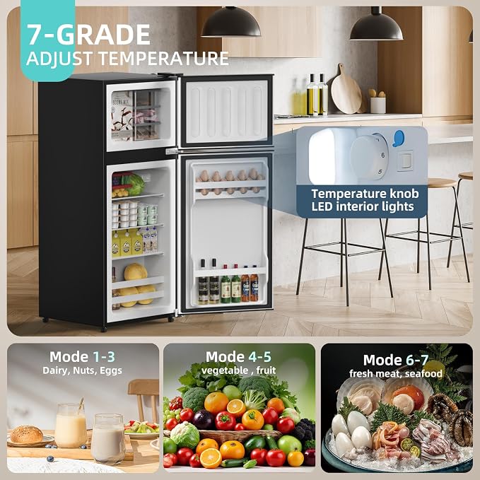 3.8 Cu Ft Mini Fridge for Bedroom Small Fridge, Small Refrigerator | 2 Door Mini Fridge with Freezer 7 Level Thermostat, LED Light, for Bedroom, Office, Dorm