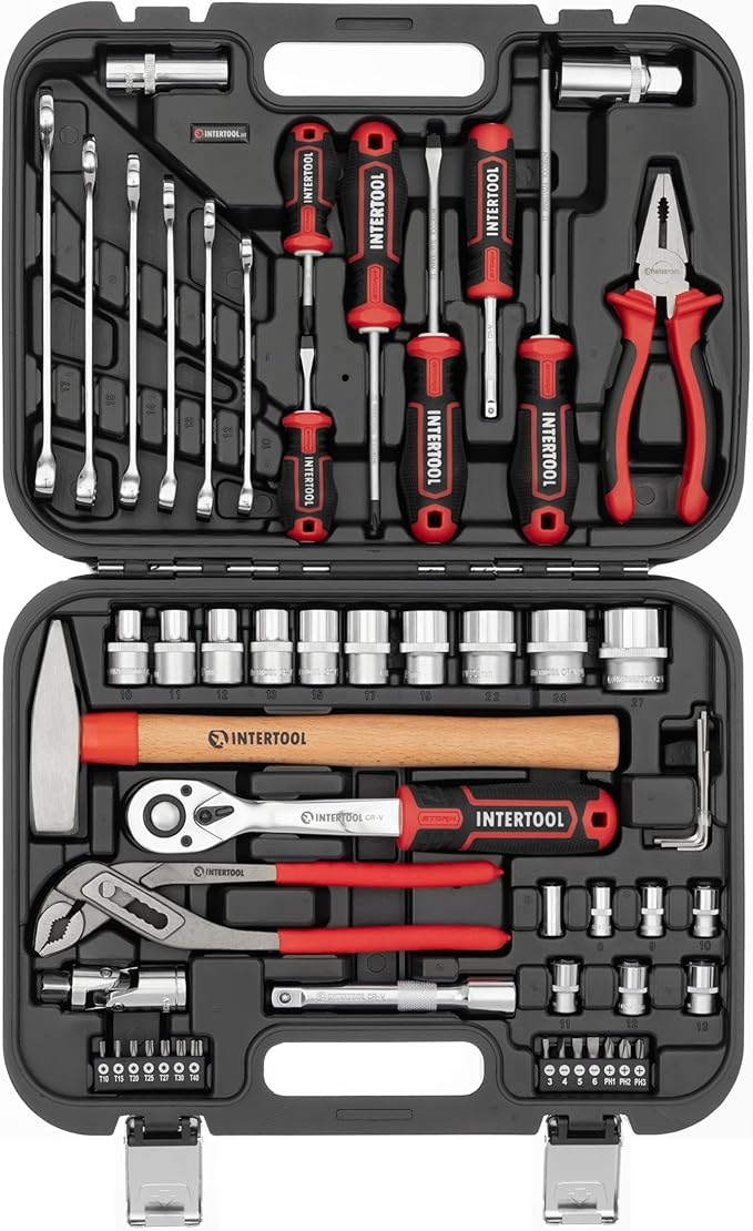 INTERTOOL Metric Tool Set, 56-Piece, 1/4” & 1/2” Drive Sockets, Wrenches, Screwdrivers, Bits, Pliers, Hammer, Car, Home, Repair, Mechanic Kit, DIY, Gift ET08-8056