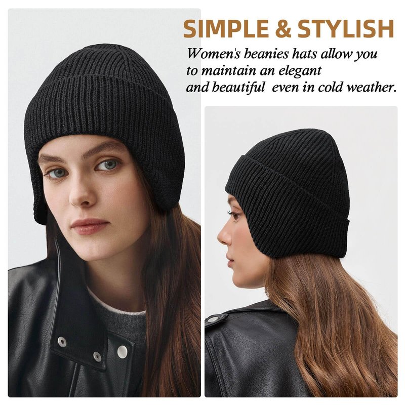 OZERO Winter Beanies Hats Men: Beanie with Ear Flaps Outdoor Thermal Knitted Hat - Soft Warm Knit Ski Stocking Polar Fleece Cuffed Cap for Men Women, Black