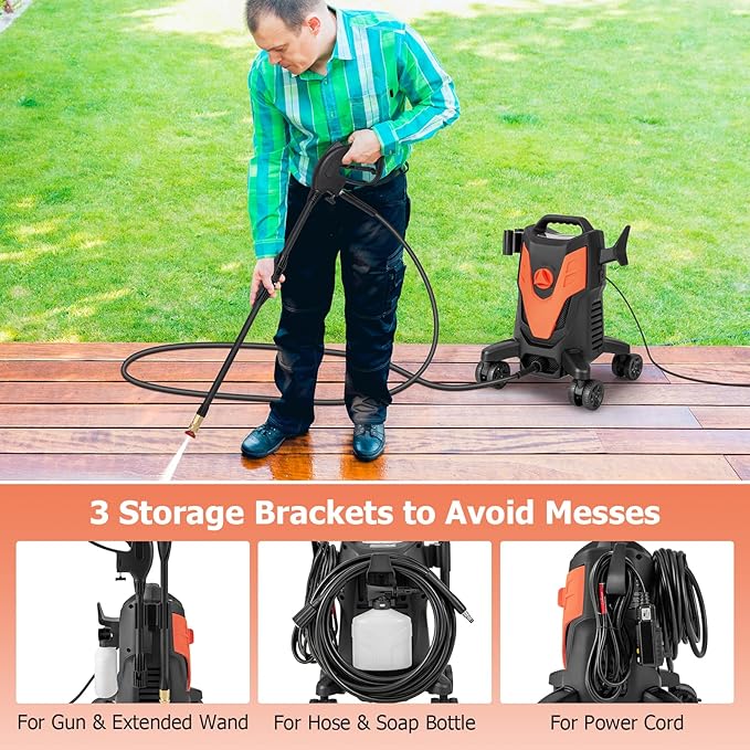 COSTWAY Electric Pressure Washer with 4 Universal Wheels, 2400 PSI High Pressure Cleaner Machine with 4 Nozzles and Soap Bottle, 1.7 GPM Portable Washer for Car, 3 Self-Priming Ways (Orange+Black)
