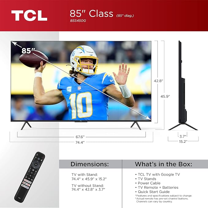 TCL 85-Inch Class S4 4K LED Smart TV with Google (85S450G, 2023 Model), Dolby Vision, HDR Pro, Atmos, Assistant Built-in Voice Remote, Works Alexa, Streaming UHD Television