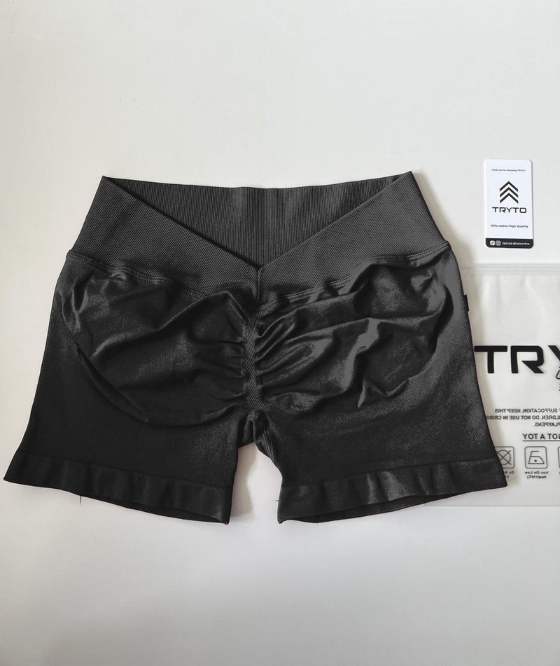 TRYTO LJ V-Back Scrunch Shorts Sports Yoga Women Workout Fitness Gym Outdoor Running Short Midnight Black, Small
