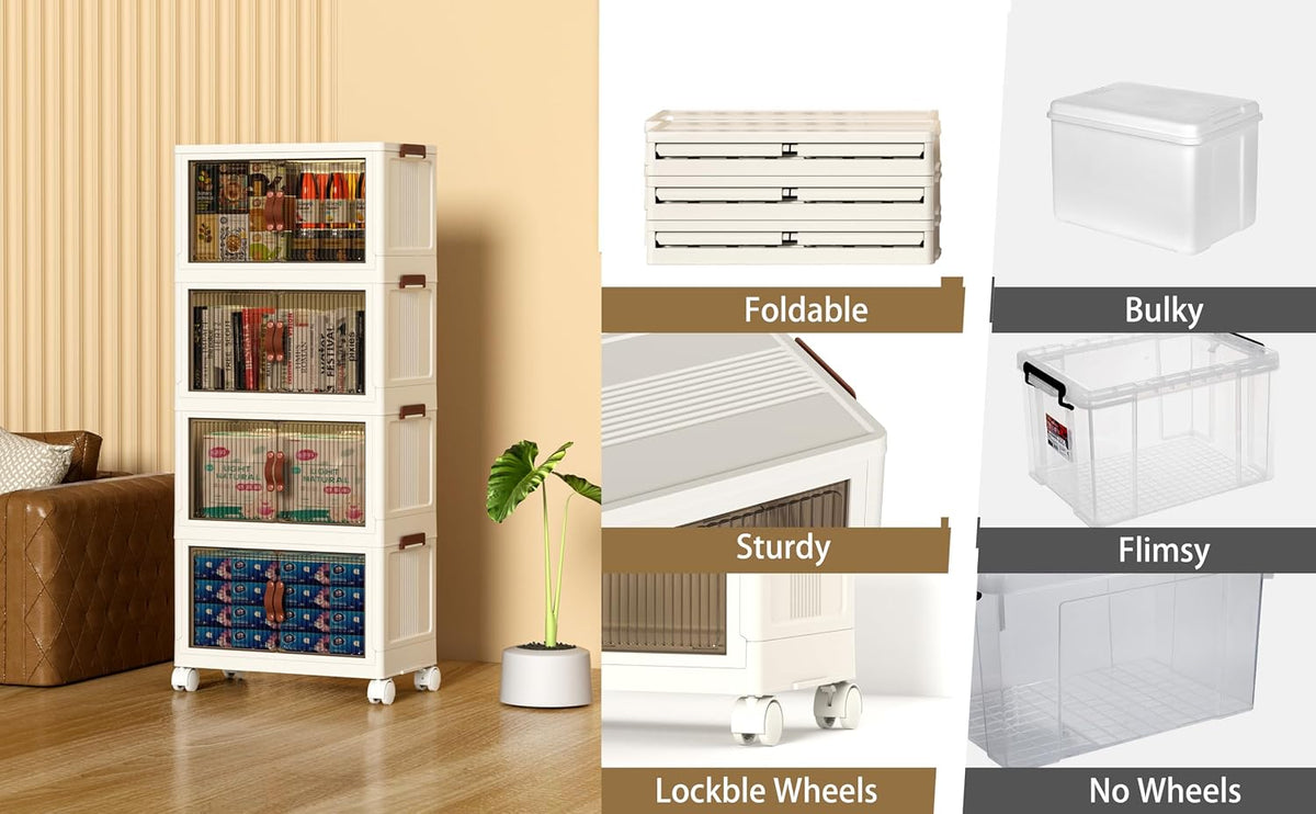 Collapsible Storage Bins with Lids - Stackable Plastic Closet Organizers for Clothes, and Home Organization White (5-rack, 9 Gal/rack)