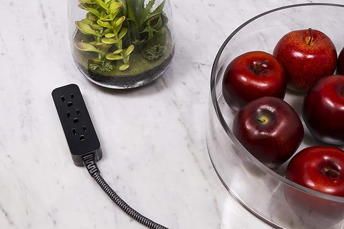 GE 3-Outlet Power Strip Mini Extension Cord with Multiple Outlets 5 Inch Braided Short Cord Extension Cord Grounded Flat Plug UL Listed Black 45191