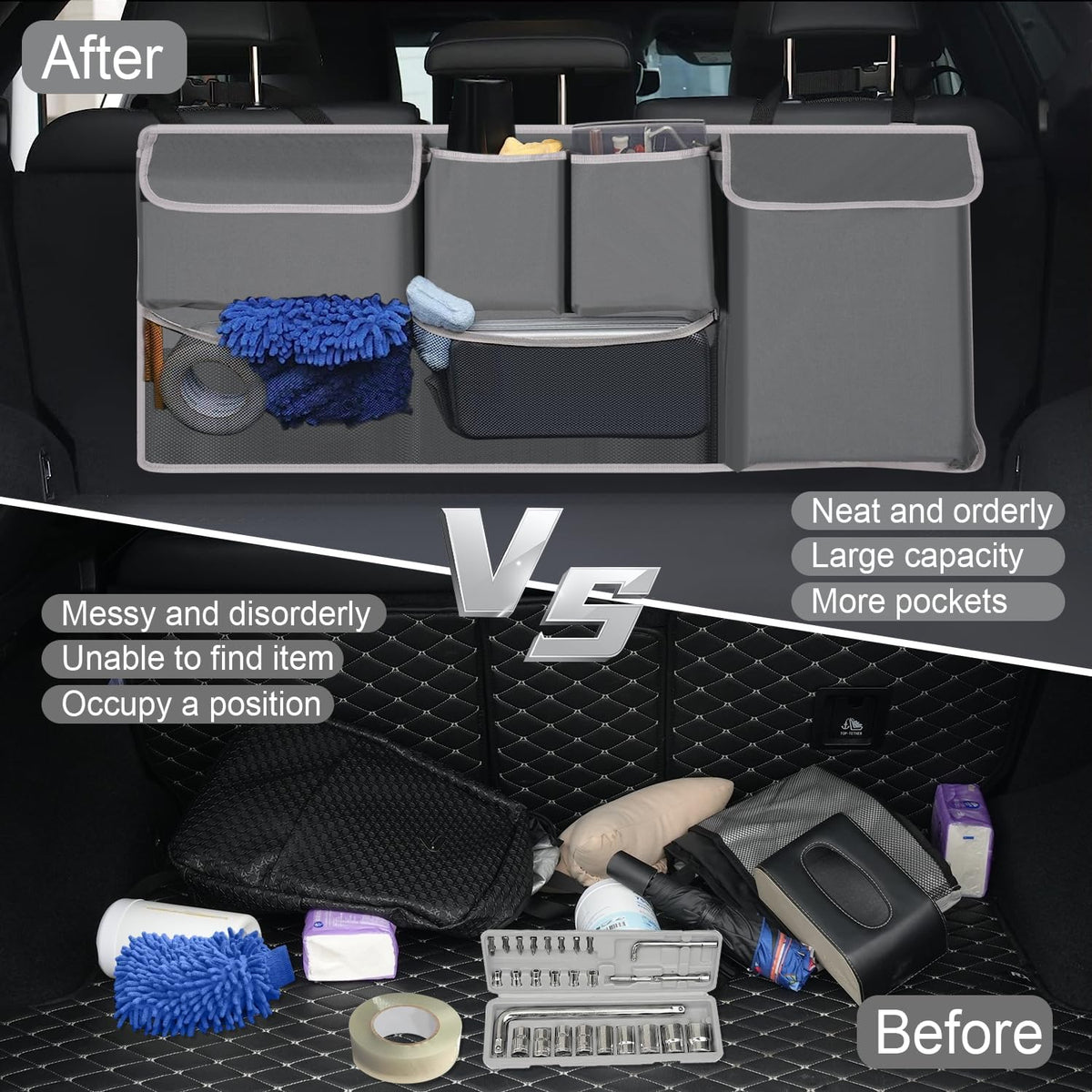 UYYE Trunk Hanging Organizer, Backseat Storage Bag, Collapsible Car Interior Accessories with 4 Pockets & 2 Mesh Pouches for Tools, Provide More Storage Trunk Space for SUV, Jeep, MPVs (Grey)