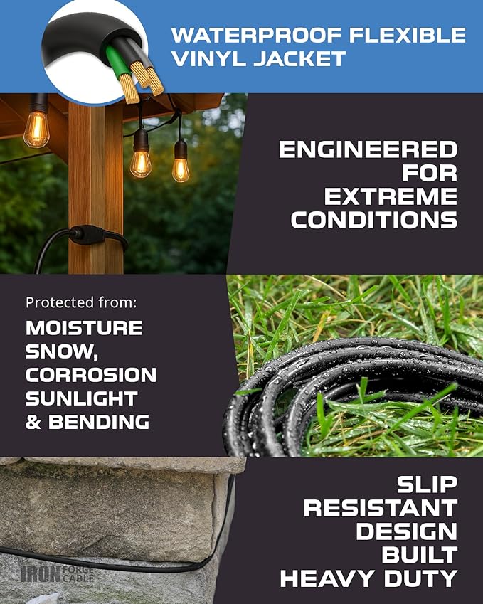Iron Forge Cable 25 Ft Black Extension Cord, 16/3, 25 Foot Extension Cord, 3 Prong, Weatherproof - Great for Outside Use