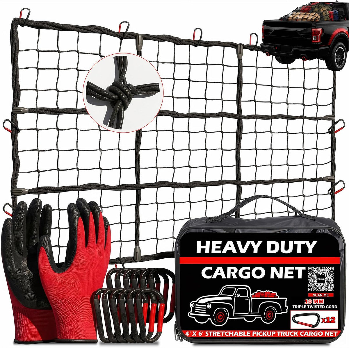 Truck Bed Cargo Net 4' x 6' Stretches to 8' x 12' Heavy Duty