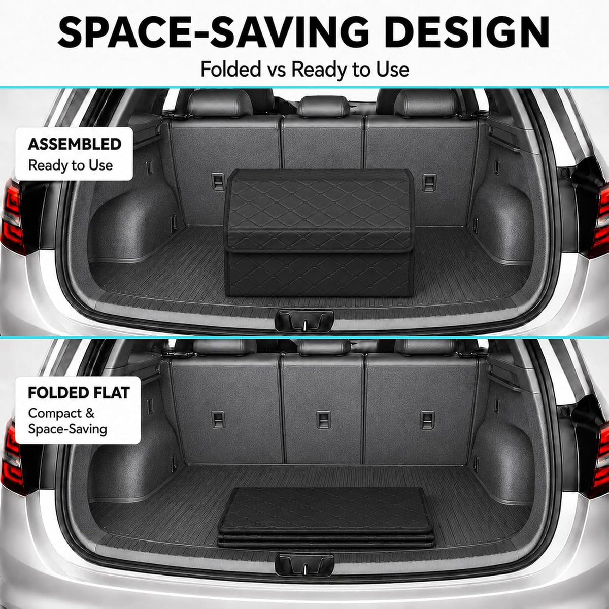 Leather Car Trunk Organizer with Lid,45L Foldable Storage Box for Universal Cars, SUVs, Sedans and MPVs, Removable Divider, Carry Handles, Black