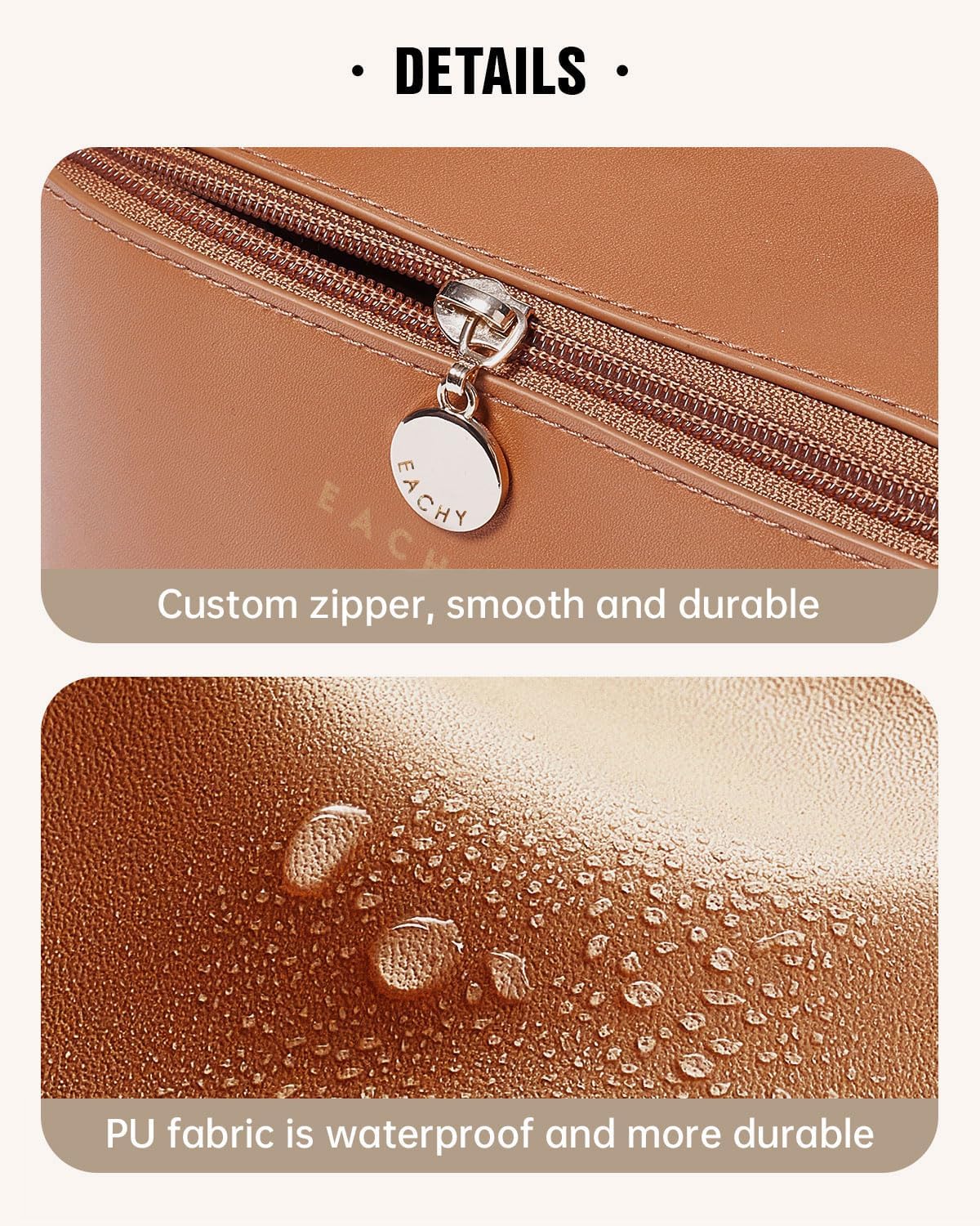 EACHY Travel Makeup Bag for Women, PU Leather Cosmetic Bag, Brown, Large