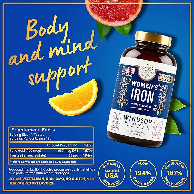 Iron and Folic Acid Supplements for Women - 35mg Gentle Iron Vitamin, Folic Acid 400mcg - Anemia, Period, Pregnancy Support Supplement, Ferrous Sulfate Pills - 180 Vegan Non-Constipating Tablets