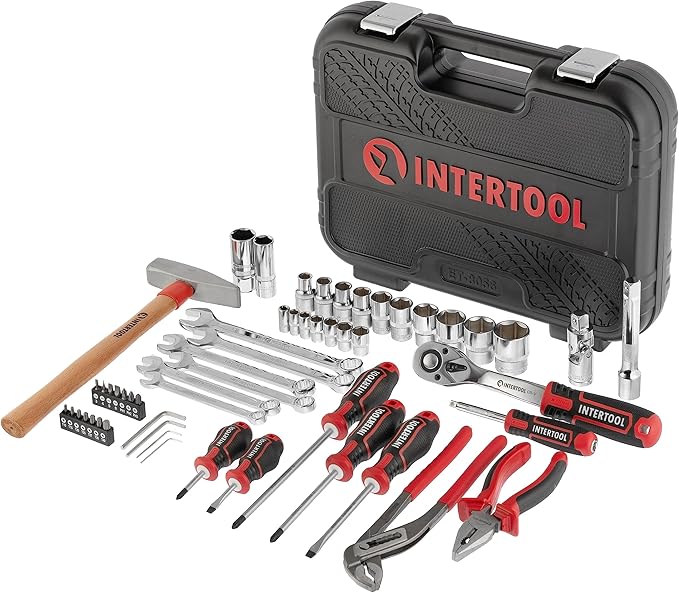 INTERTOOL Metric Tool Set, 56-Piece, 1/4” & 1/2” Drive Sockets, Wrenches, Screwdrivers, Bits, Pliers, Hammer, Car, Home, Repair, Mechanic Kit, DIY, Gift ET08-8056