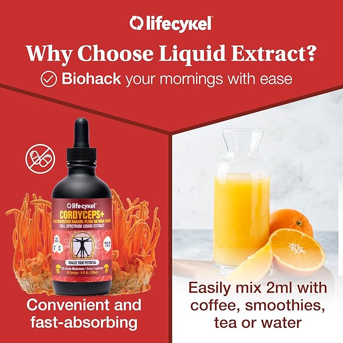 Lifecykel Cordyceps Mushroom Extract w/Kakadu Plum- Natural Energy Supplement for Fatigue & Stamina- Mycelium Vitamin C Antioxidants Non-GMO Organic Mushrooms Made in US, 2 Fl oz (Packaging May Vary)
