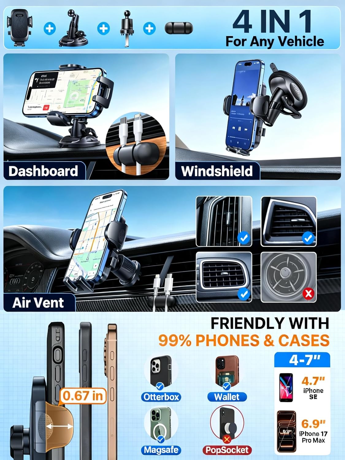YRU 90+LBS Military-Grade Anti-Shake 2026 Upgraded Car Phone Holder Mount