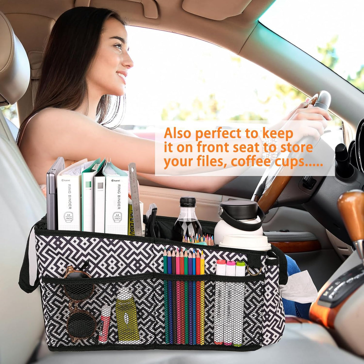 HEYSKAY Car Seat Organizer-Passenger Seat Organizer, Collapsible Small Car Seat Organizer for Console Front/Back, Car Caddy with 4pc Drink Holders Automotive Backseat Organizer for Kids