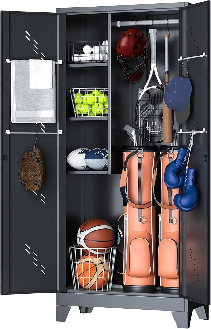 Golf Bag Storage Cabinet Fits 2 Bags, Metal Golf Bag Organizer with Lockable Doors, 75" Sports Equipment Organizer for Garage, Home, Office, Gym