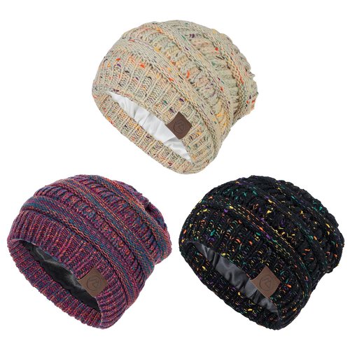 Beanies Women Winter Hats for Women Cute Slouchy Beanie for Winter Warm Snow Ski Hat Satin Lined Beanie Silk Lined Hat Beige&Black&Purple