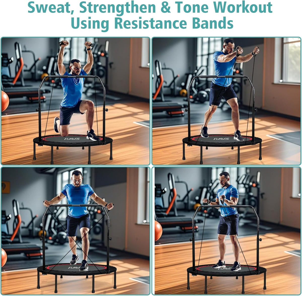 RAVS Mini Trampoline - Foldable Fitness Rebounder for Kids & Adults | 40"/48" with Adjustable Handle & Resistance Bands
