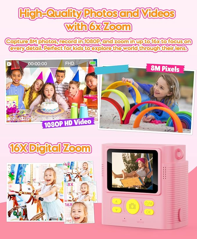 Kids Instant Print Camera Ages 3-12 1080P Selfie 2.4" Screen 32GB Gift Pink |