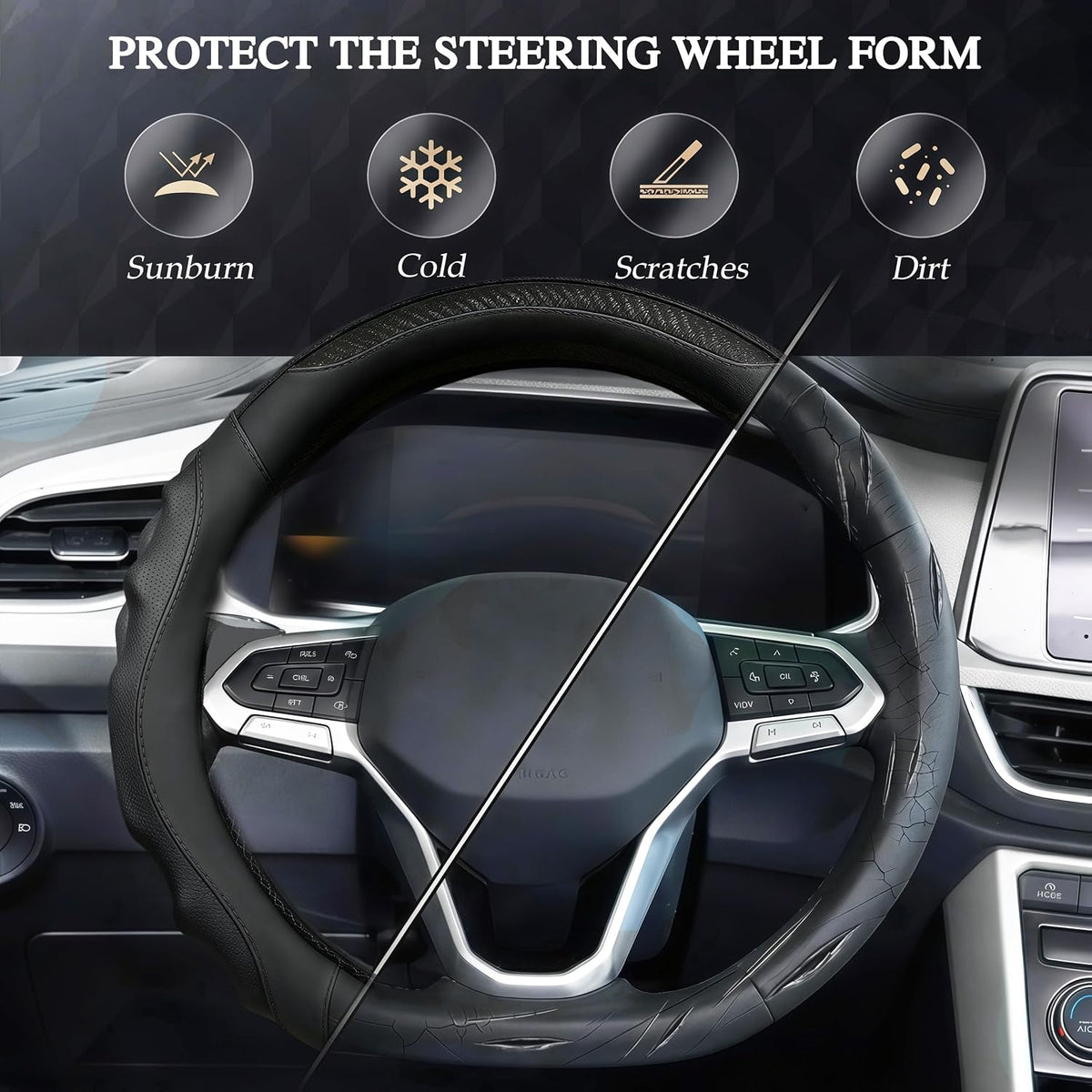 Leather Car Steering Wheel Cover, 14.5-15Inch Anti-Slip Steering Wheel Cover, Universal for Cars Truck SUV, Car Accessories (Black - Black line)