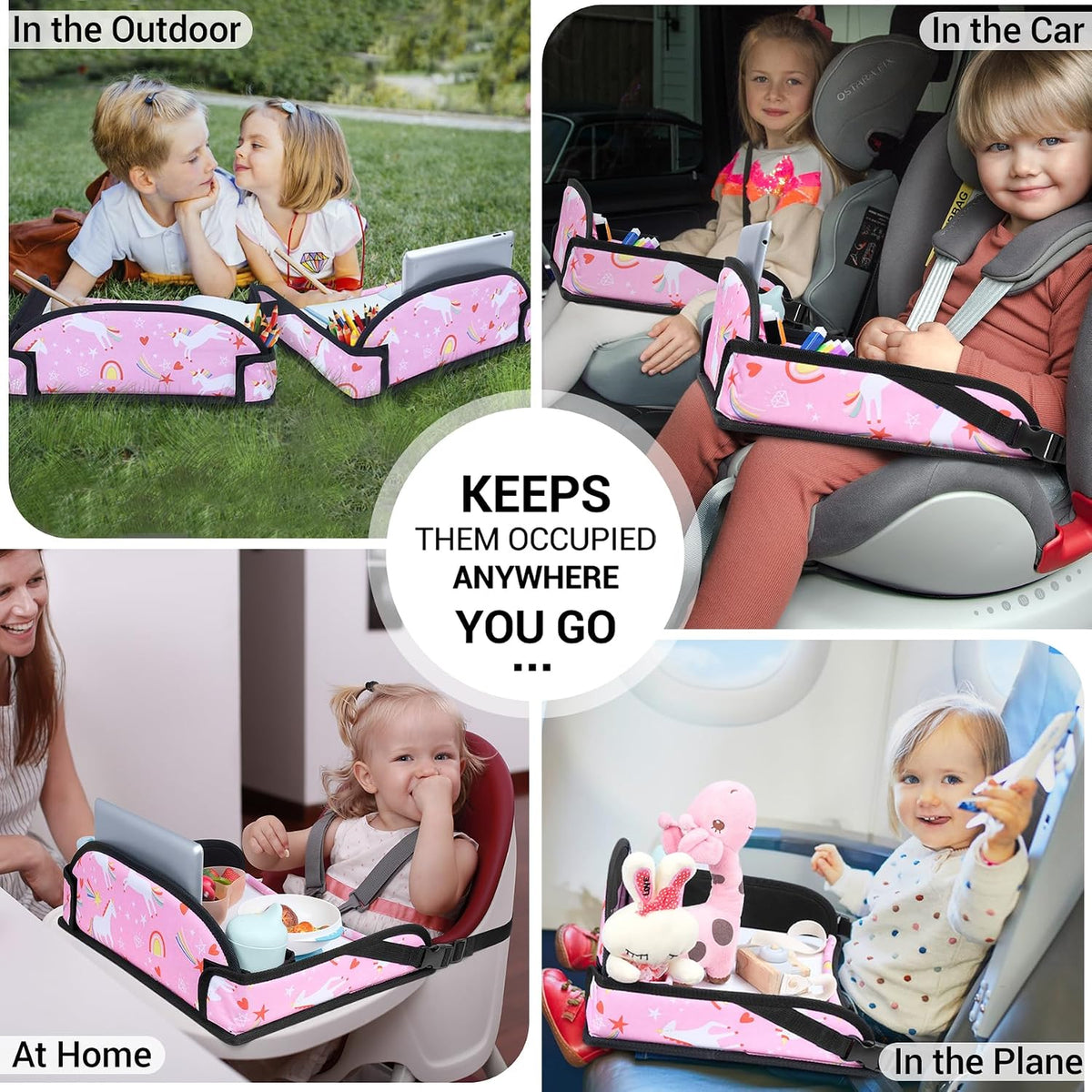 COOLBEBE Kids Travel Tray for Car Seat & Airplane, Pink Unicorn, 2-Pack