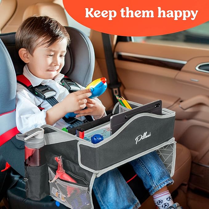 PILLANI Kids Travel Tray for Car - Car Seat Tray for Kids, Roadtrip Essentials, Carseat Table Tray for Kids Road Trip Activities - Toddler Lap Desk Organizer for Airplane