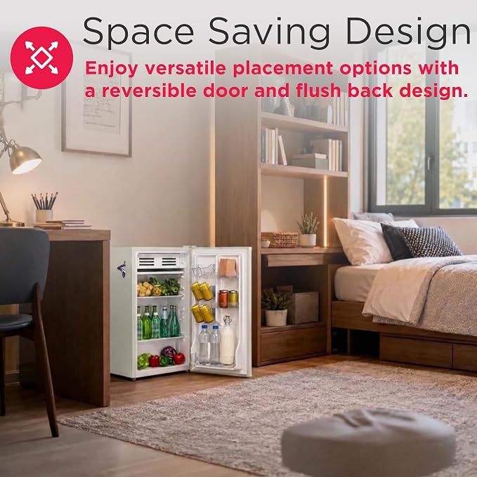 Frigidaire Retro Compact Fridge with Chiller, 3.2 cu ft Countertop Fridge with Built-In Bottle Opener, Compact Refrigerator for Office, Bedroom, Dorm Room or Cabin - 16.5"D x 19"W x 31"H (Moonbeam)