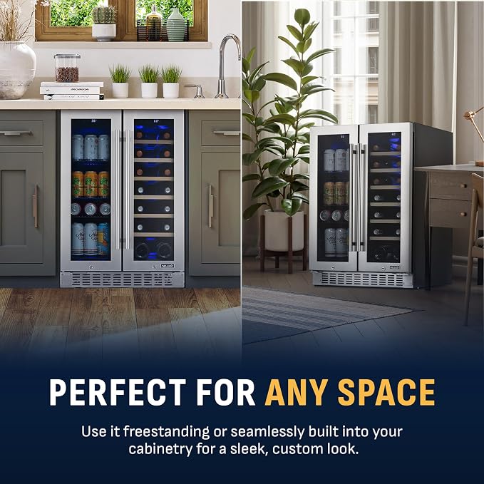 NewAir 24" Dual Zone Beverage Refrigerator & Wine Cooler for 18 Bottles & 60 Cans | Freestanding or Built-In Under Counter Mini Fridge for Beer, Wine and Soda | Stainless Steel
