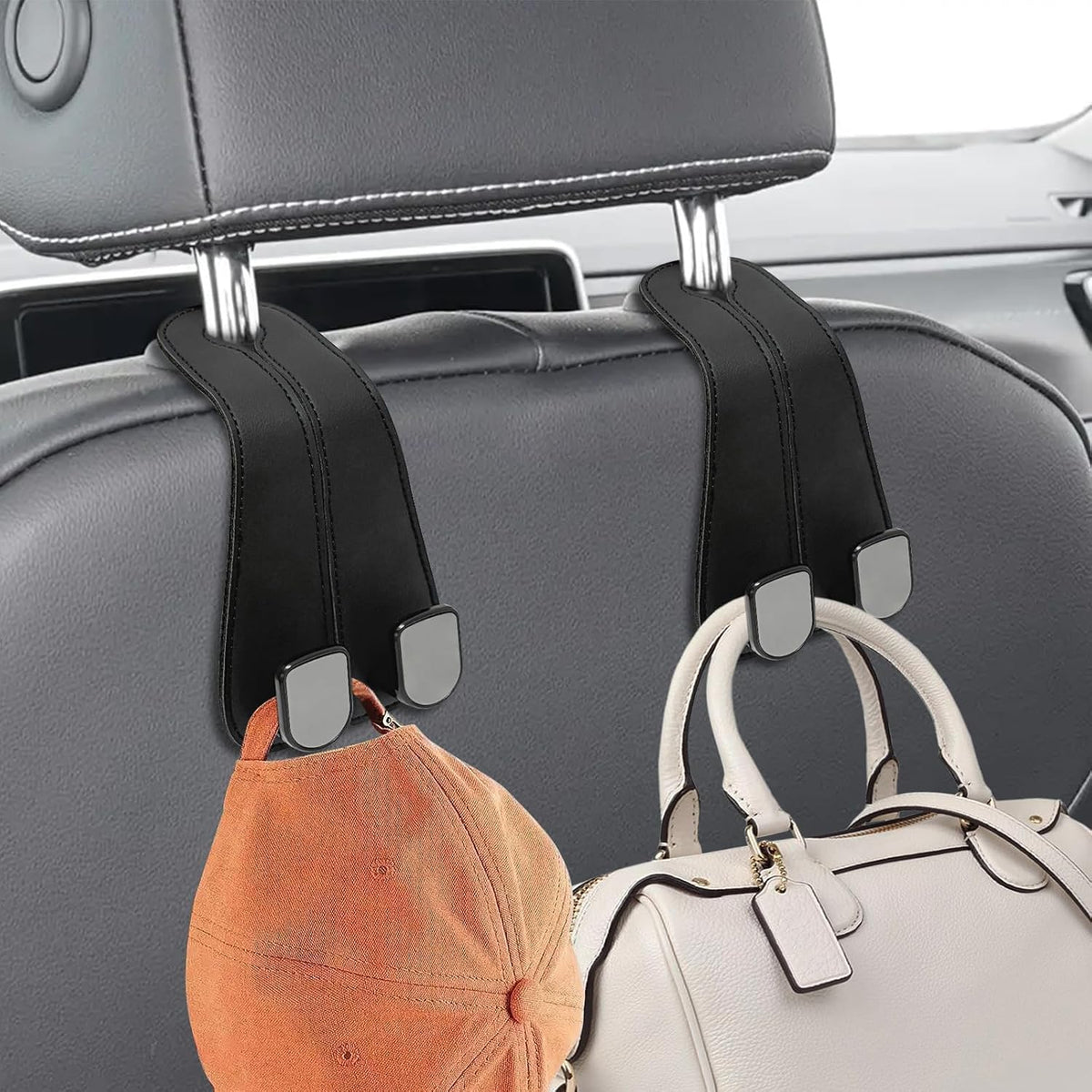USSDE Car Seat Hooks Vehicle Headrest Back Storage Organizer 2 Pack for Purses Bags backpacks Groceries Hanger Holder - Universal Sturdy Holds 55lbs 360° Rotating (Style C/Black)