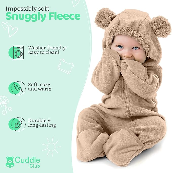 Cuddle Club Fleece Baby Bunting Bodysuit with Hood, Convertible Mittens & Booties, Car Seat Friendly, Soft & Warm, Easy Zip