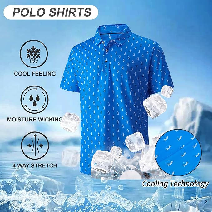 Esabel.C Golf Shirts for Men Dry Fit Performance Short Sleeve Print Moisture Wicking Collared Shirt