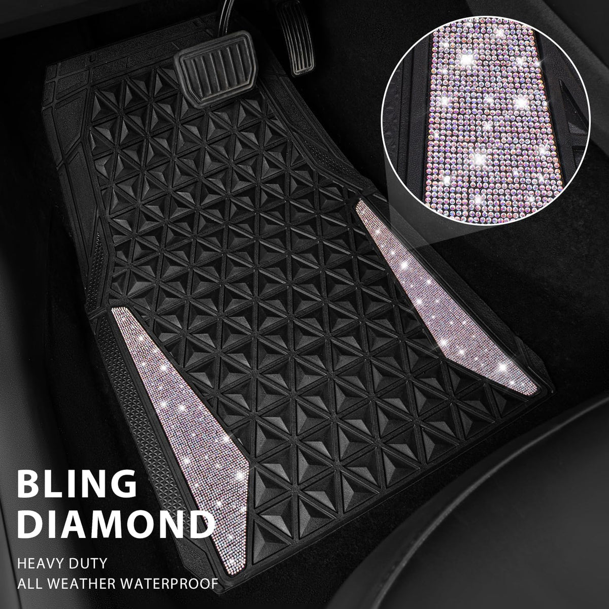 CAR PASS Bling Diamond Car Mats Rubber Floor Mats Full Set Anti-Slip 3D Rhombus Waterproof Trim Fit Liner Universal Glitter Crystal Sparkly Shining Rhinestone Girl Women SUV Sedan, Multicolor Diamond