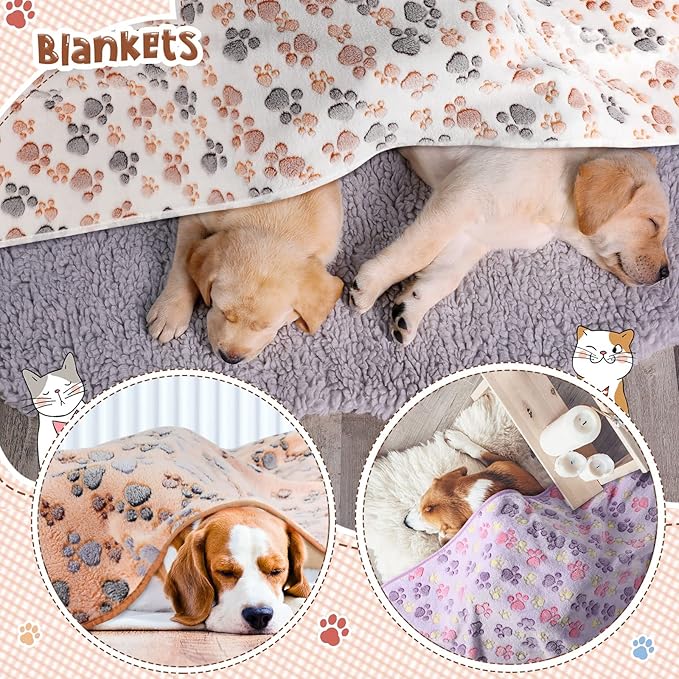 Tatuo 4 Pcs Dog Blanket for Pet Cat Blankets Indoor Puppy Teething Stuff Toys Paw Print Fleece Soft Blanket Sleep Mat for Guinea Pig Cage(White, Coffee, Pink, Purple,XXX-Large(51 x 63 Inch),Square)