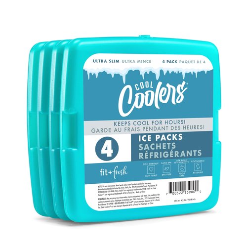Cool Coolers by Fit + Fresh, Reusable & Long-Lasting Slim Ice Packs, Perfect Addition To Your Lunch Box, Camping Accessories, Insulated Lunch Bag, Beach Cooler Backpack & More, 4PK, Green