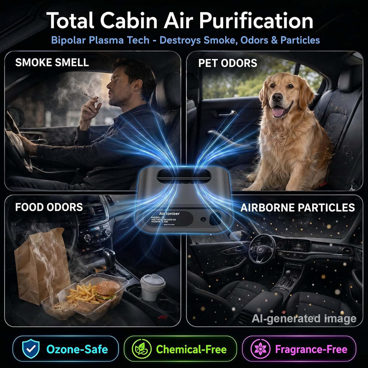 Mini Car Air Purifier Ionizer - Filterless Bipolar Plasma Ion Tech for Smoke Smell & Pet Odor - Whisper-Quiet & Compact - Clips onto Car Air Vent - Car Air Cleaner by Yakry