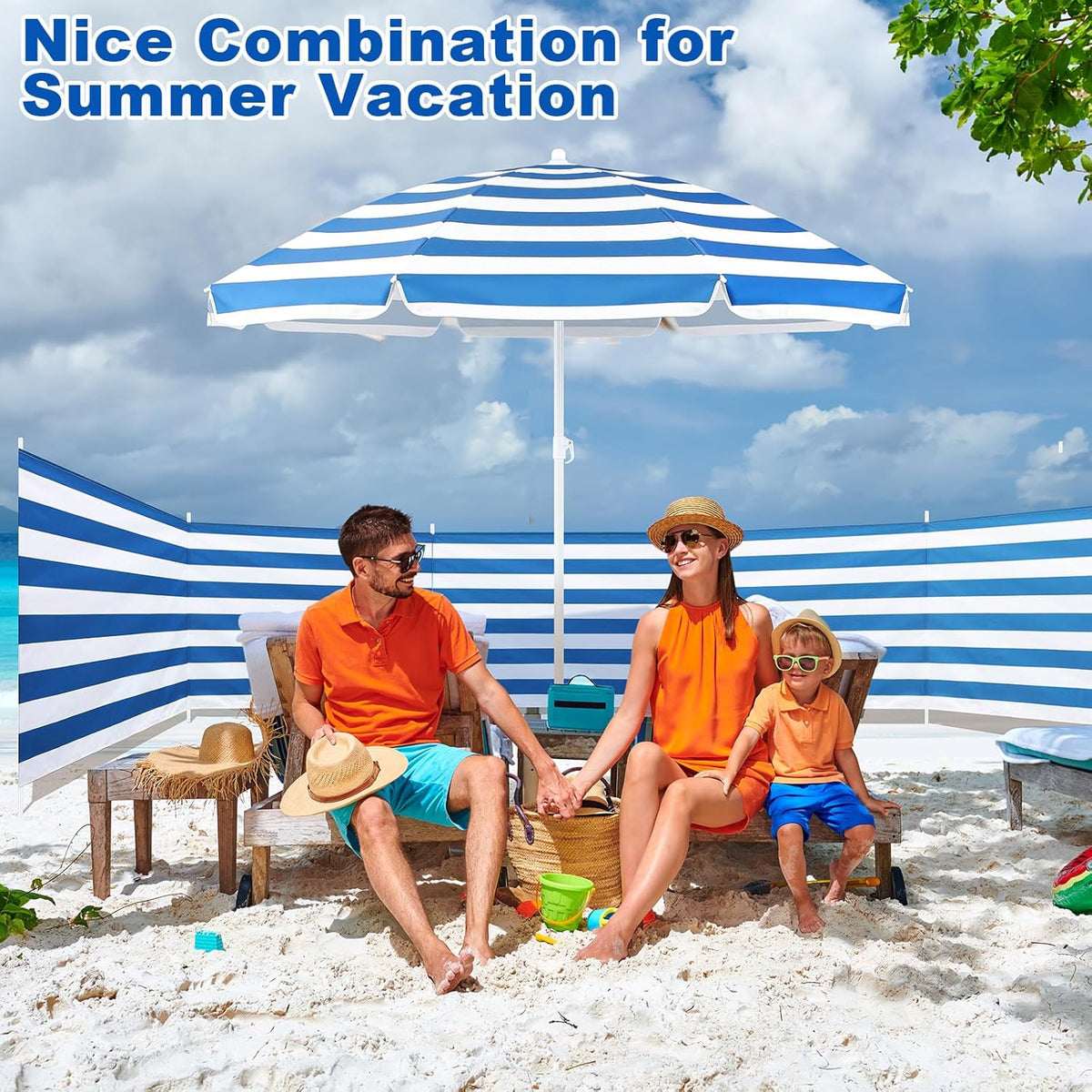 Sliner 20ft Long Beach Wind Screen - Portable UV 50+ Umbrella Privacy Blocker | Blue & White