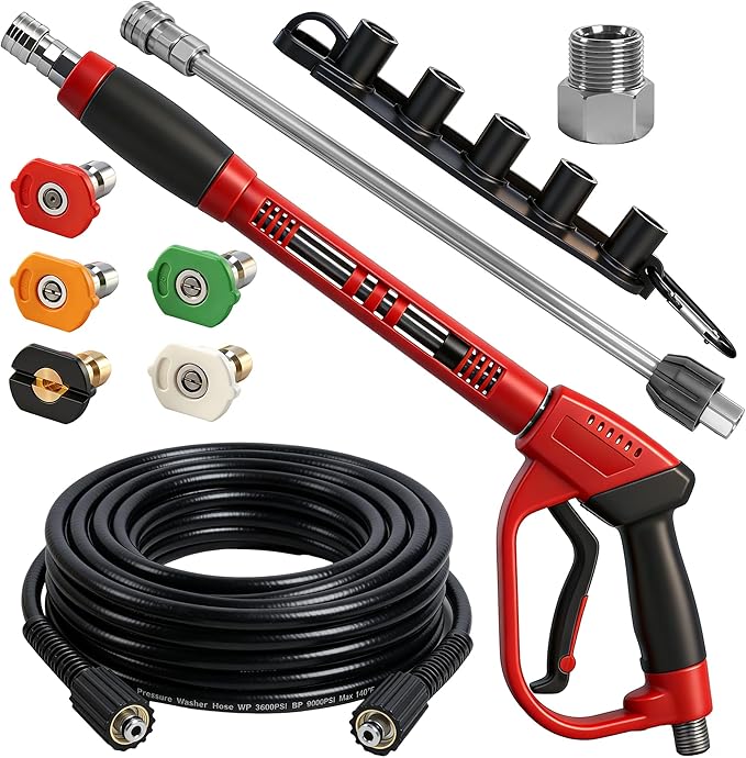 Hourleey Pressure Washer Gun and Hose Kit, 30 FT Kink Resistant Power Washer Hose and Replacement Wand Extension, 5 Nozzle Tips, M22-14 Fitting, 3600 PSI